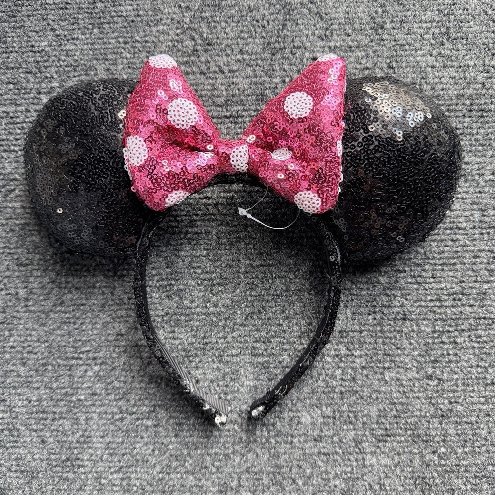 Disney Sequin Minnie Mouse Ears with Polka Dot Hot Pink Bow Headband NEW